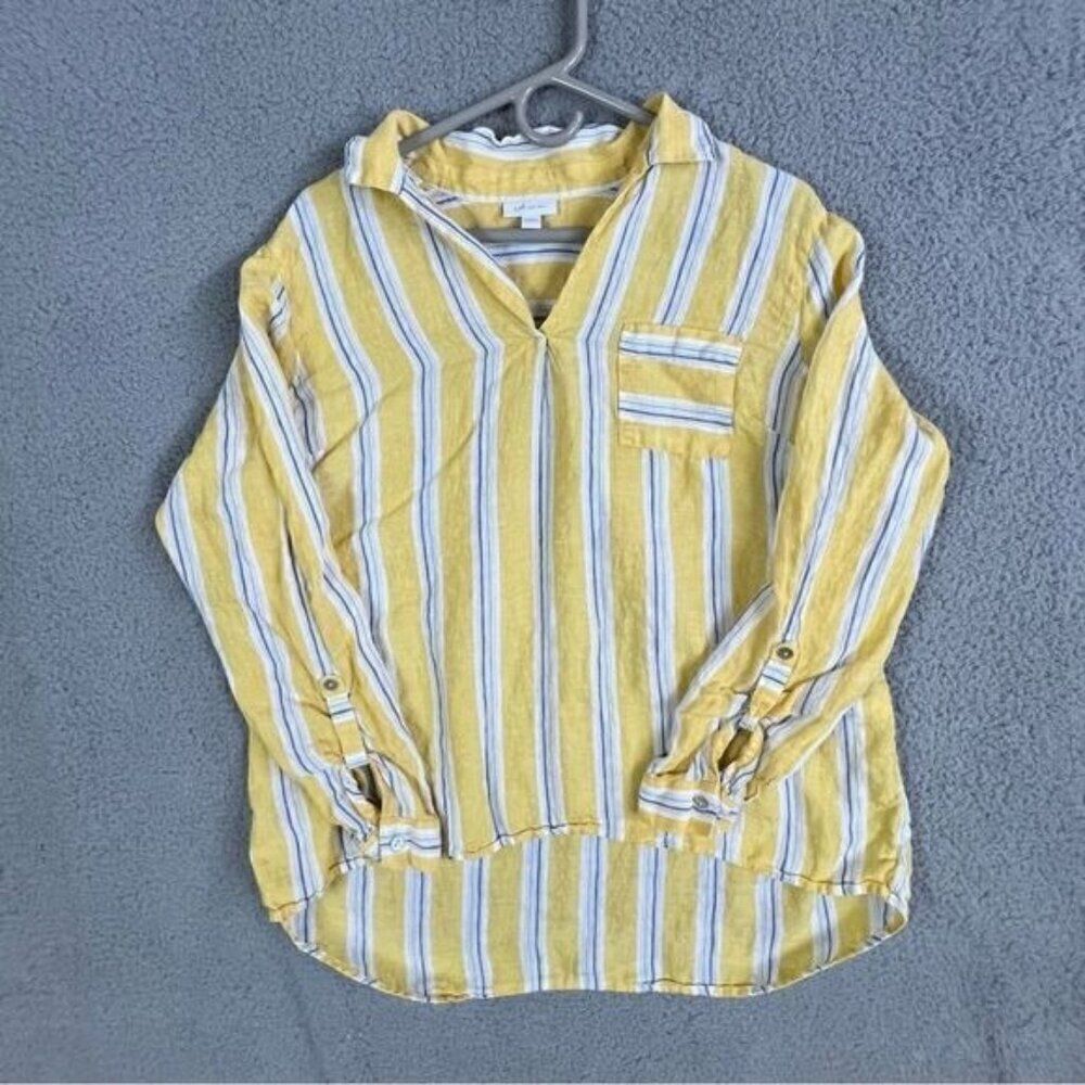 J JILL WOMENS LINEN BLOUSE YELLOW WITH BLUE WHITE STRIPES SIZE L - Picture 2 of 10